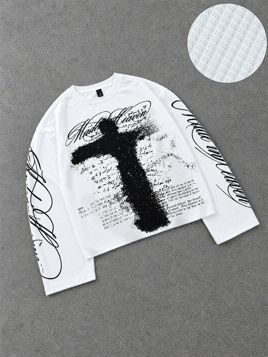ROMWE MEN Men's Long Sleeve Cross & Script Print Loose Fit T-Shirt - White - View 1
