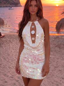 SHEIN Sexy Avant-Garde Backless Deep V-Neck Ruched Sleeveless Chain Decor Tulle Crochet Women's Mini Dress, 70s Style Summer Party Wedding Sequin White - White - View 4