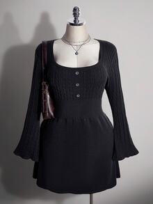 SHEIN ICON Plus Size Square Neck Vintage Y2K Cable Knit Fitted Waist A-Line Dress, Back To School Outfit, Autumn Dress Winter - Grey - View 4