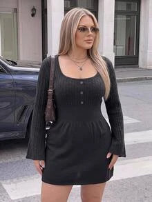 SHEIN ICON Plus Size Square Neck Vintage Y2K Cable Knit Fitted Waist A-Line Dress, Back To School Outfit, Autumn Dress Winter - Grey - View 2