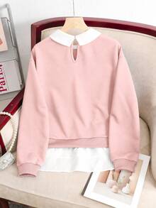 SHEIN Teen Girl Shirt Collar Embroidered Pony Pattern Autumn Winter Sweatshirt 2 In 1 Patchwork School Sixth Form Pink Casual Streetwear - Pink - View 6