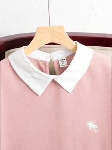 SHEIN Teen Girl Shirt Collar Embroidered Pony Pattern Autumn Winter Sweatshirt 2 In 1 Patchwork School Sixth Form Pink Casual Streetwear - Pink - View 5