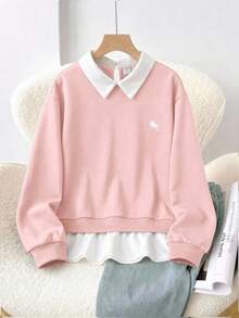 SHEIN Teen Girl Shirt Collar Embroidered Pony Pattern Autumn Winter Sweatshirt 2 In 1 Patchwork School Sixth Form Pink Casual Streetwear - Pink - View 2