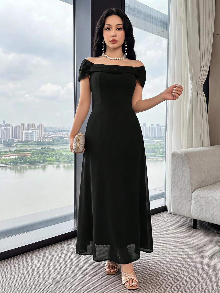 Feyla 女士优雅纯色露肩收腰连衣裙，夏季