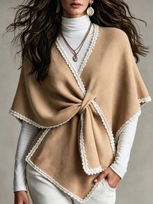 Breezaya Autumn/Winter Bohemian Knitted 3D Lace One-Piece Cross Cape Shawl Women Sweater - Camel - View 5
