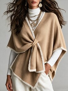 Breezaya Autumn/Winter Bohemian Knitted 3D Lace One-Piece Cross Cape Shawl Women Sweater - Camel - View 4