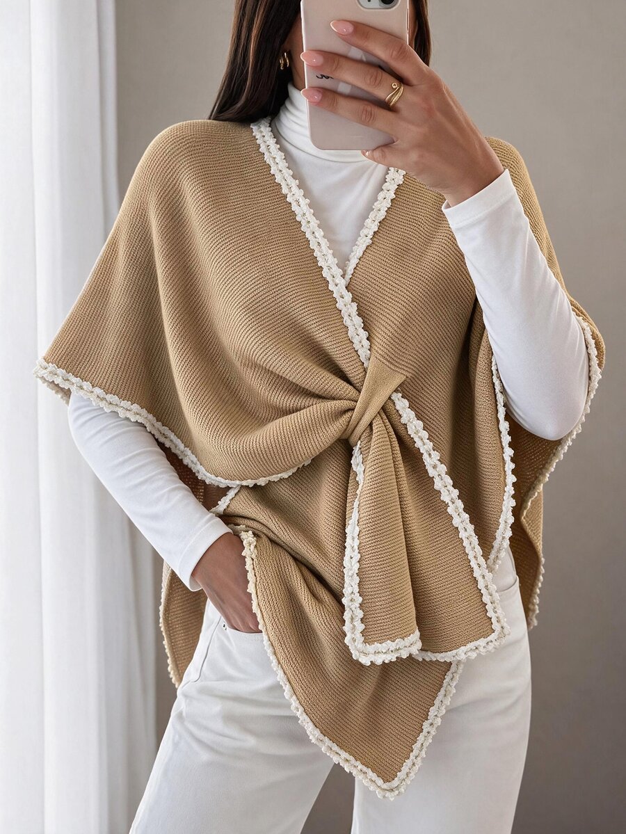 Breezaya Autumn/Winter Bohemian Knitted 3D Lace One-Piece Cross Cape Shawl Women Sweater - Camel - View 1