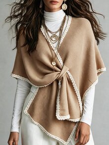 Breezaya Autumn/Winter Bohemian Knitted 3D Lace One-Piece Cross Cape Shawl Women Sweater - Camel - View 3