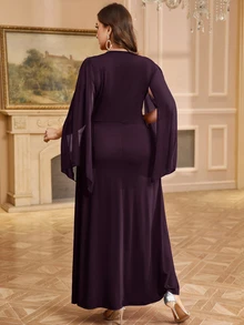 Reflora Plus Size Elegant Party Rhinestone Decor Twist Cape Sleeve Dress Fall - Purple - View 8
