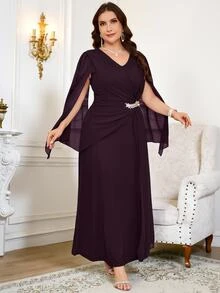 Reflora Plus Size Elegant Party Rhinestone Decor Twist Cape Sleeve Dress Fall - Purple - View 1