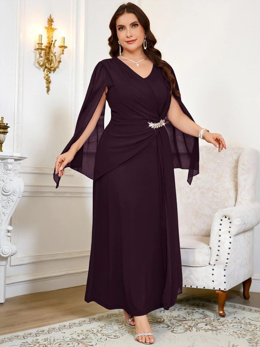 Reflora Plus Size Elegant Party Rhinestone Decor Twist Cape Sleeve Dress Fall - Purple - View 1