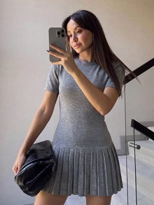 Flora Isola Flora Isola Grey Ribbed Knit Pleated Mini Dress Round Neck Short Sleeve Fitted Flare A‑Line Sweater Dress - Grey - View 7