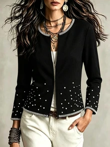 SHEIN LUNE Women's Pearl Decorated Long Sleeve Round Neck Slim Fit Casual Jacket - Black - View 1