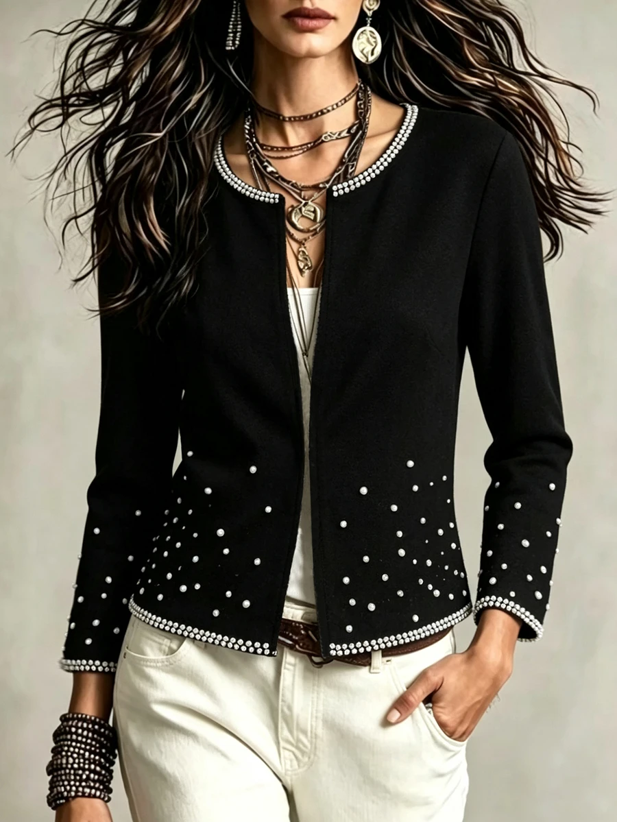 SHEIN LUNE Women's Pearl Decorated Long Sleeve Round Neck Slim Fit Casual Jacket - Black - View 1