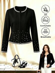 SHEIN LUNE Women's Pearl Decorated Long Sleeve Round Neck Slim Fit Casual Jacket - Black - View 3