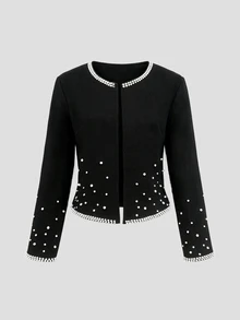 SHEIN LUNE Women's Pearl Decorated Long Sleeve Round Neck Slim Fit Casual Jacket - Black - View 7