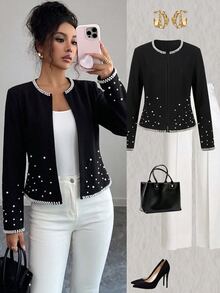 SHEIN LUNE Women's Pearl Decorated Long Sleeve Round Neck Slim Fit Casual Jacket - Black - View 4