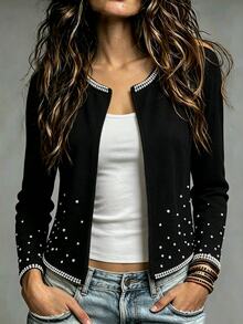 SHEIN LUNE Women's Pearl Decorated Long Sleeve Round Neck Slim Fit Casual Jacket - Black - View 5