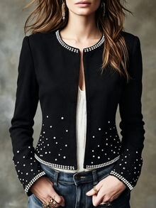SHEIN LUNE Women's Pearl Decorated Long Sleeve Round Neck Slim Fit Casual Jacket - Black - View 8