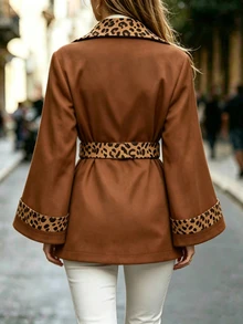 Balvessa Women's Elegant Versatile Loose Brown Leopard Print Patchwork Tie-Front Jacket, Autumn/Winter New Style - Brown - View 2