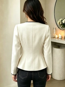 SHEIN Unity Women's Colorblock Trim Long Sleeve Ruffle Hem Waist-Cinching Jacket - Apricot - View 2
