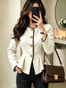 SHEIN Unity Women's Colorblock Trim Long Sleeve Ruffle Hem Waist-Cinching Jacket - Apricot - View 5