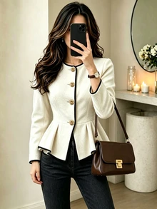 SHEIN Unity Women's Colorblock Trim Long Sleeve Ruffle Hem Waist-Cinching Jacket - Apricot - View 4