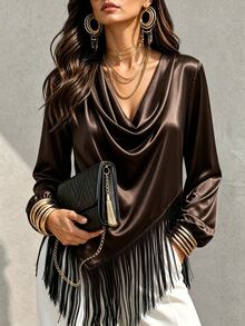 LUMIGAL Women's Asymmetric Cowl Neck Patchwork Tassel Satin Long Sleeve Blouse - Coffee Brown - View 6
