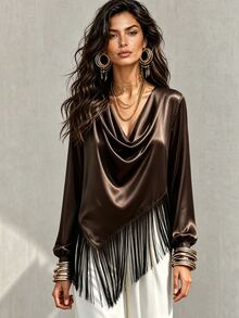 LUMIGAL Women's Asymmetric Cowl Neck Patchwork Tassel Satin Long Sleeve Blouse - Coffee Brown - View 1