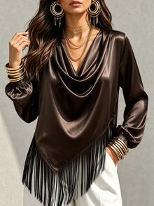 LUMIGAL Women's Asymmetric Cowl Neck Patchwork Tassel Satin Long Sleeve Blouse - Coffee Brown - View 8
