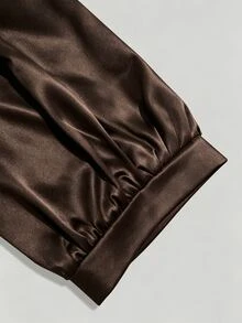 LUMIGAL Women's Asymmetric Cowl Neck Patchwork Tassel Satin Long Sleeve Blouse - Coffee Brown - View 7