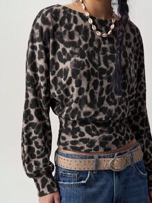 Bohemela Women's Leopard Print Asymmetrical Neck Long Sleeve Fashion Casual T-Shirt - Black - View 6