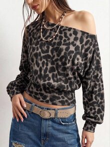 Bohemela Women's Leopard Print Asymmetrical Neck Long Sleeve Fashion Casual T-Shirt - Black - View 5