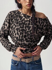 Bohemela Women's Leopard Print Asymmetrical Neck Long Sleeve Fashion Casual T-Shirt - Black - View 3