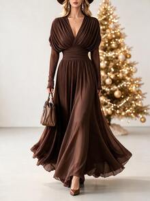 Elenzga Plunging Neck Batwing Sleeve Ruched Waist Mesh Longline Dress - Coffee Brown - View 1