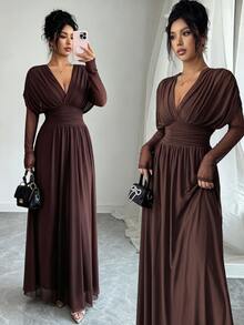 Elenzga Plunging Neck Batwing Sleeve Ruched Waist Mesh Longline Dress - Coffee Brown - View 4