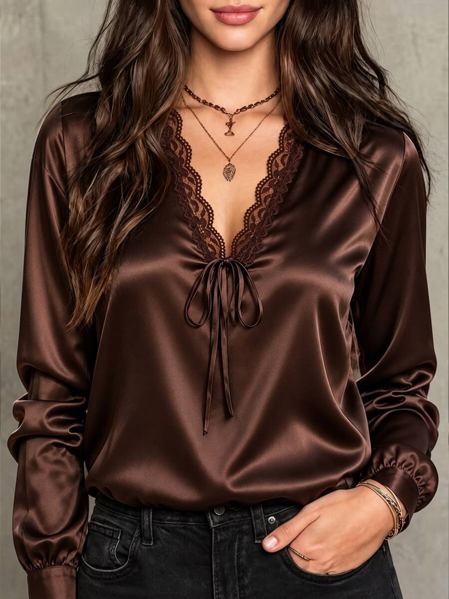 SHEIN Women's French Lace Patchwork Tie-Up Long Sleeve Elegant Blouse - Multicolor - View 1