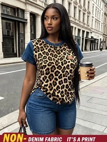 Rovax Women's Street Style Leopard Print Denim-Look Crew Neck Short Sleeve Top And Shorts 2-Piece Set - Multicolor - View 4