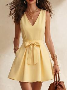 SHEIN Women's New Yellow Short Waist-Cinched Elegant Dress - Multicolor - View 4