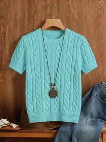 EMERY ROSE Autumn/Winter New European And American Blogger Style 3D Twist Design Crew Neck Knit Sweater - Mint Blue - View 3