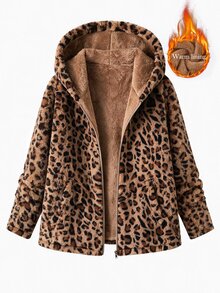 SHEIN Clasi Plus Size Women's Leopard Print Long Sleeve Zip-Up Plush Hooded Jacket Going Out Teacher Club Black Winter Casual Baggy Western - Brown - View 9