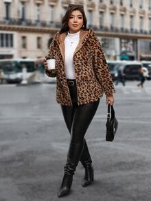 SHEIN Clasi Plus Size Women's Leopard Print Long Sleeve Zip-Up Plush Hooded Jacket Going Out Teacher Club Black Winter Casual Baggy Western - Brown - View 8