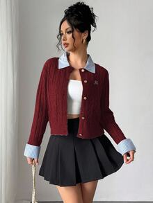 Rafferiza Women's Burgundy 2 In 1 Patchwork Knit Cardigan,Autumn Casual School Back-To-School Retro Preppy Tops,Dark Academia Style Winter - Burgundy - View 8