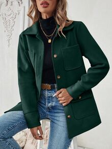 SHEIN Raffinéa Women's Autumn/Winter Clothing Solid Color Pocket Casual Versatile Daily Work Everyday Everyday Travel Long Sleeve Jacket Dark Green Autumn - Green - View 5