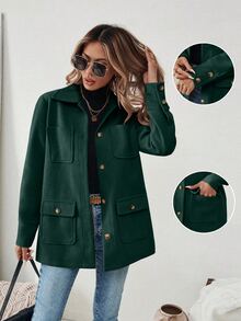 SHEIN Raffinéa Women's Autumn/Winter Clothing Solid Color Pocket Casual Versatile Daily Work Everyday Everyday Travel Long Sleeve Jacket Dark Green Autumn - Green - View 3