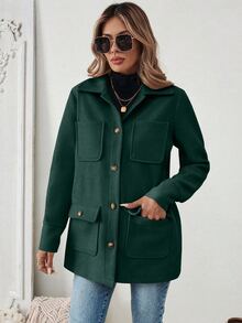 SHEIN Raffinéa Women's Autumn/Winter Clothing Solid Color Pocket Casual Versatile Daily Work Everyday Everyday Travel Long Sleeve Jacket Dark Green Autumn - Green - View 6