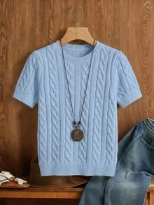 SHEIN PariChic Blogger-Inspired Twist Rope Decor Round Neck Knit Sweater, Fashionable Design, Versatile, Autumn/Winter Knitted Sweater - Baby Blue - View 4