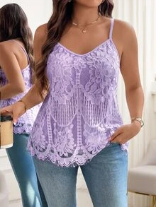 SHEIN Clasi 大码女式花卉蕾丝吊带背心 - 淡紫色 - 查看 1