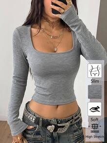 Coolane 女款秋季舒適保暖基礎款/冬季休閒優雅時尚灰色修身方領羅紋針織彈性長袖短版毛衣 - 淺灰色 - 查看 4