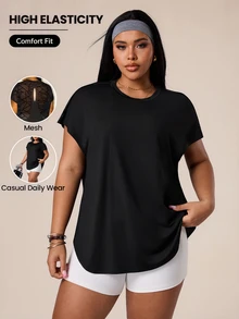 Rhythm Era Plus Size Casual Black Mesh Patchwork Reflective Polka Dot Print Sports T-Shirt - Black - View 6